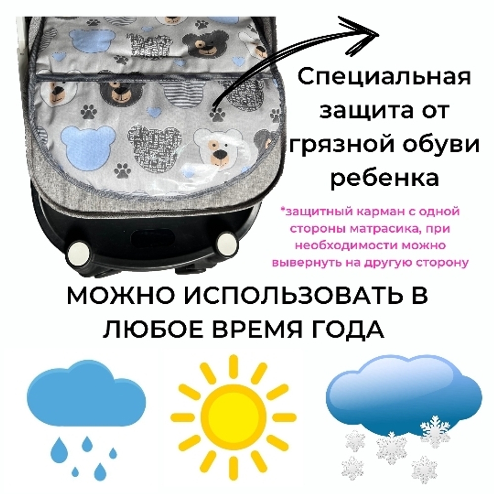 Матрасик в коляску с подножкой из ПВХ пленки серые медведи