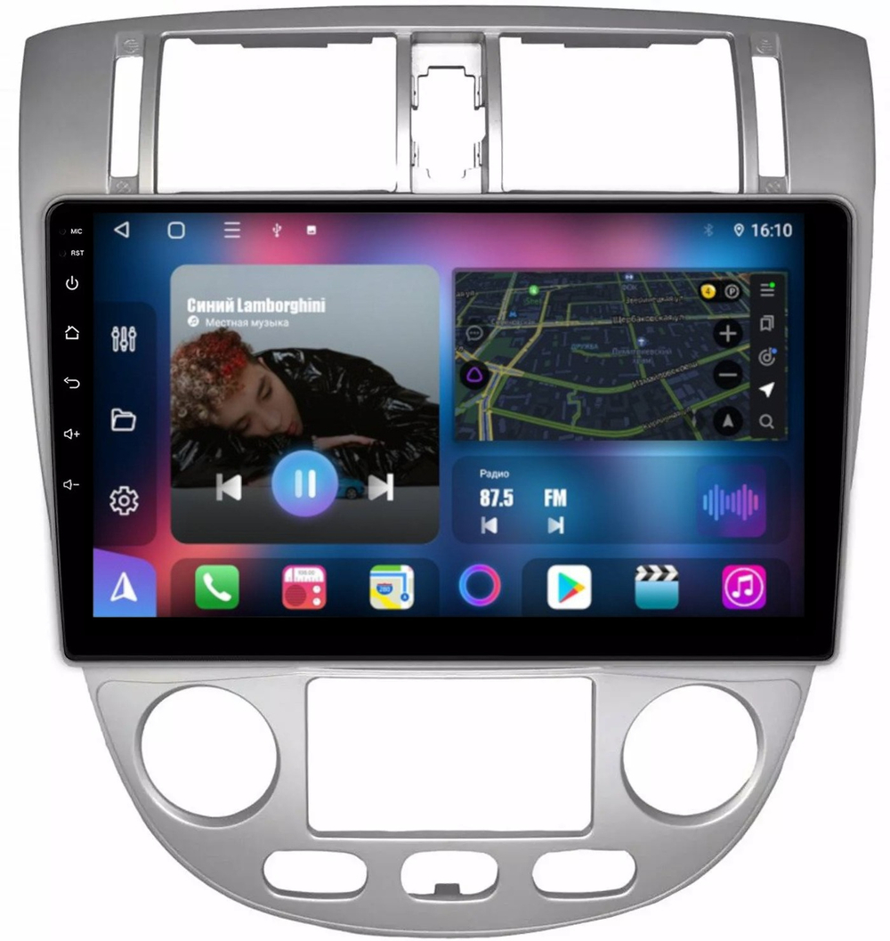 Магнитола для Chevrolet Lacetti седан/универсал, Daewoo Gentra (климат, рамка серебро) - FarCar 3014M монитор 10" QLED на Android 13, 8 ядер (TS18), CarPlay, 4G SIM-слот