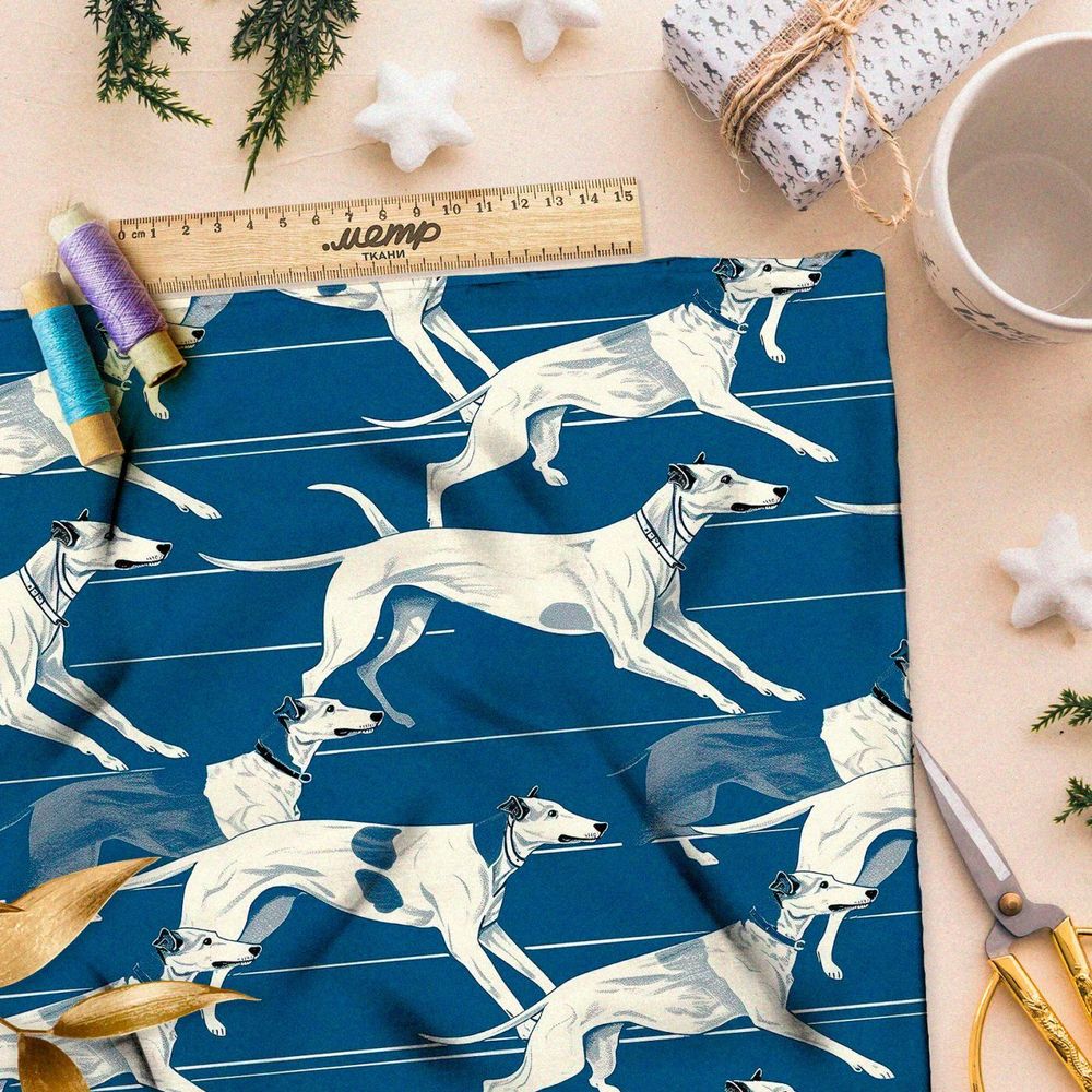 Ткань Ниагара Софт гончие на серо-голубом