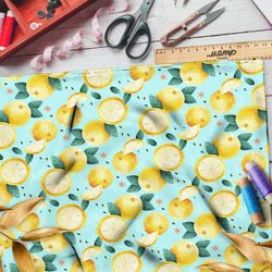 Ткань поплин мягкие лимоны на голубом фоне