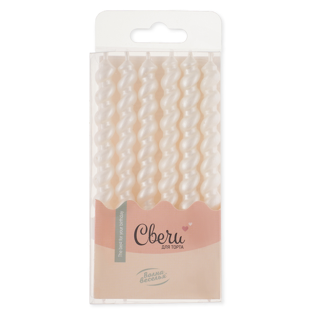 Свечи Спирали, Белый, Перламутр, 0,8*7,5 + 2,5 см, 6 шт. с держат.,