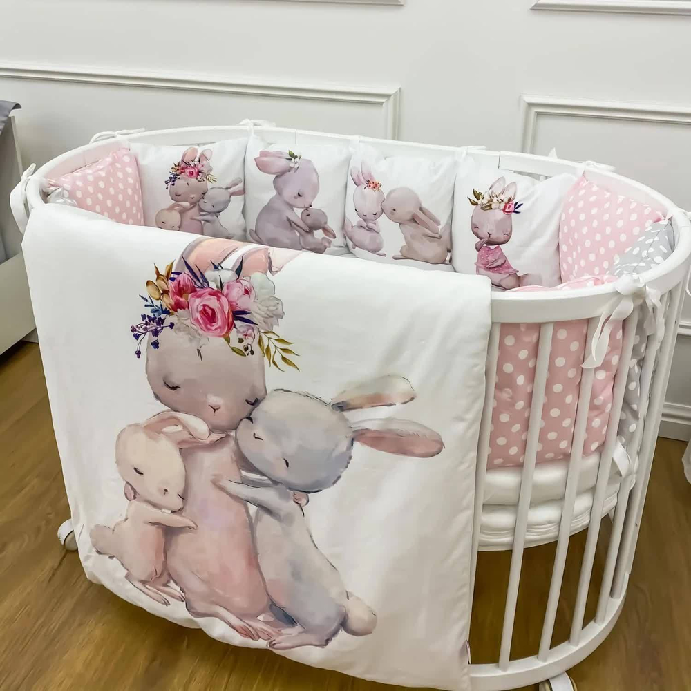 Комплект в кроватку 18 предметов "Семейные кролики", серый сатин