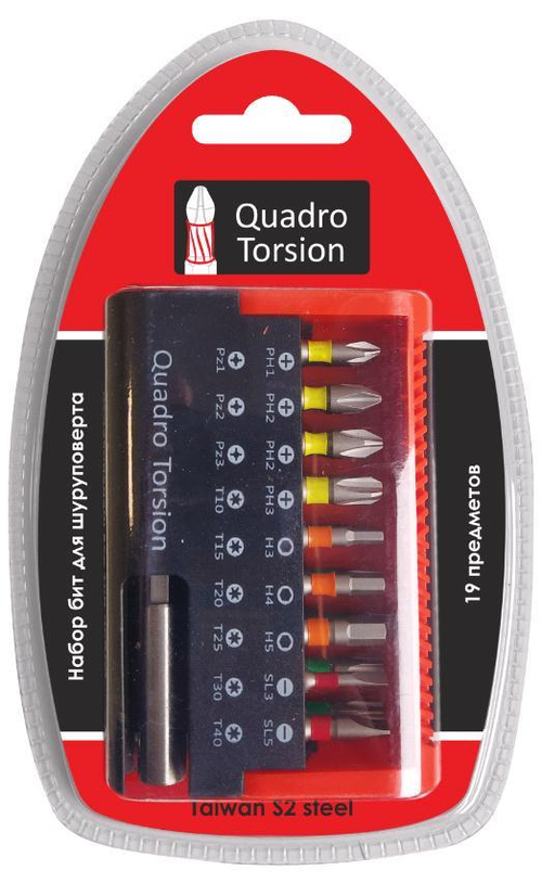 Набор бит 19 предм:Ph1,2,2,3,Pz1,2,3,шестигр.3,4,5мм,Torx10,15,20,25,30,40,шлиц3,5х25м, держ./490019