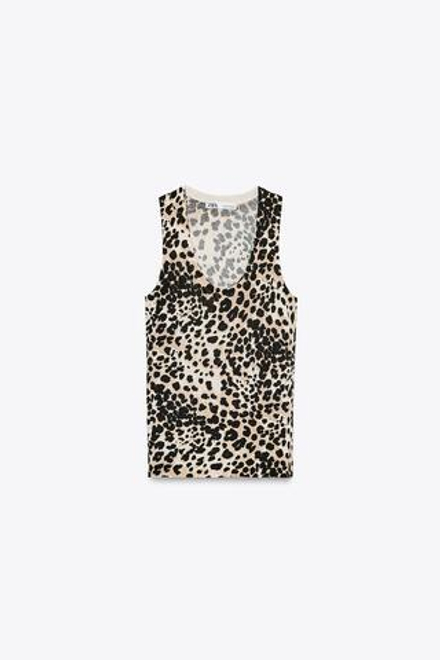 ZARA БАЗОВЫЙ ТРИКОТАЖНЫЙ ТОП С АНИМАЛИСТИЧЕСКИМ ПРИНТОМ, ЛЕОПАРДОВЫЙ