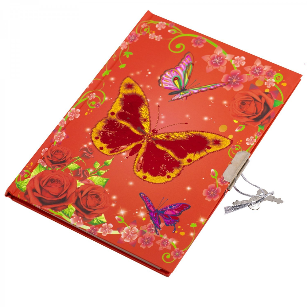 Блокнот 13,0 см * 19,0 см , 7БЦ, Alingar, ламинация, фольга, замочек, 40 л., линия, "Яркая бабочка", красный