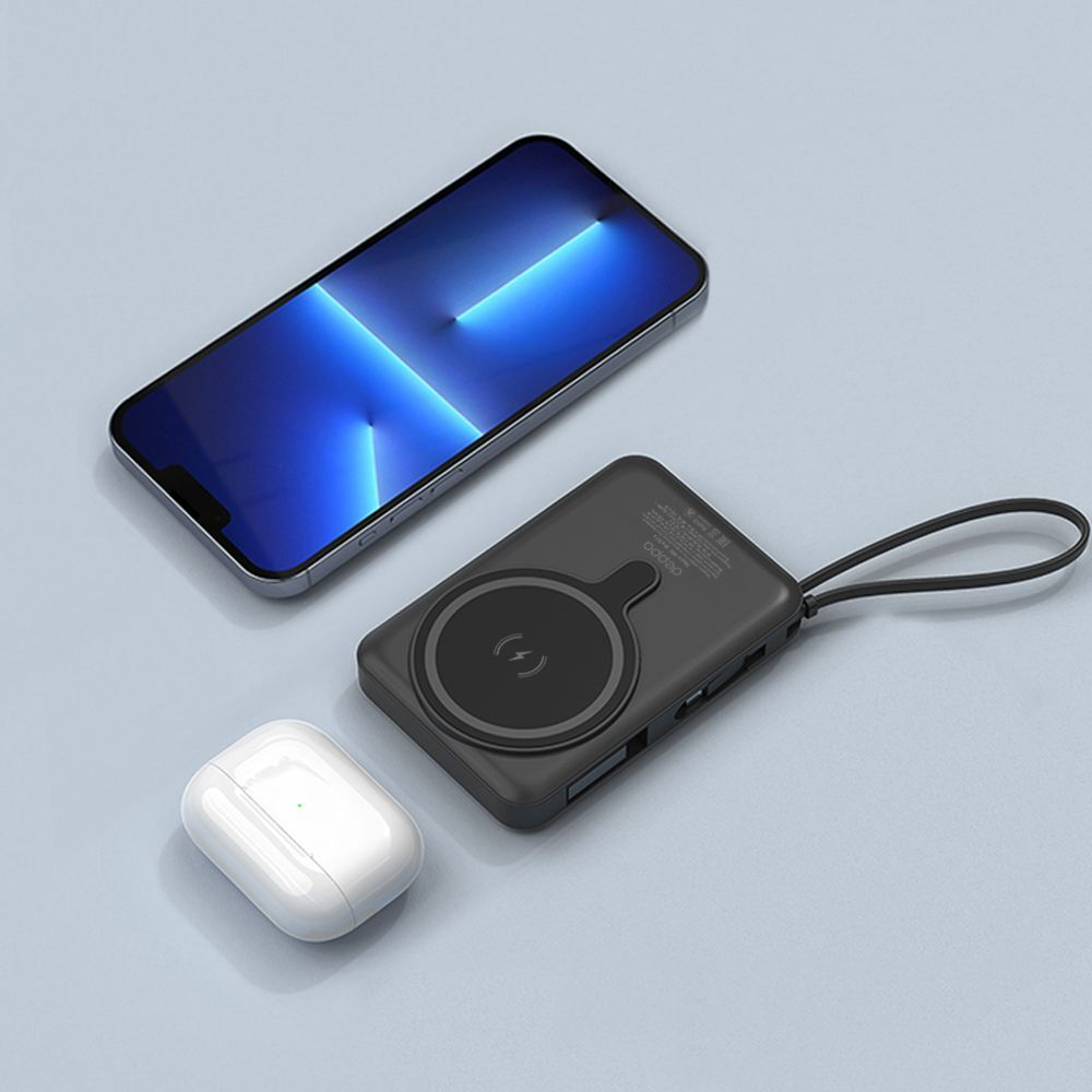 Внешний аккумулятор NRG MagSafe 10000 мА-ч, QI 15Вт, встроенный кабель, черный