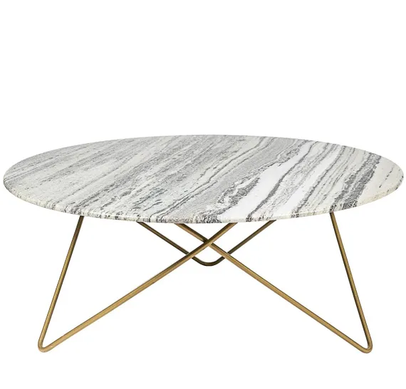 Кофейный столик Marble Ø100х4 см, бело-серый мрамор, золотые ножки
