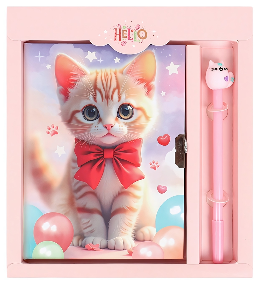 Блокнот 13,5*18 см 50л. с замком "Котик с бантиком" с ручкой (Darvish)