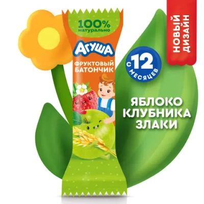 Батончик Агуша Полезный перекус яблоко-клубника-злаки 15г с 12 месяцев