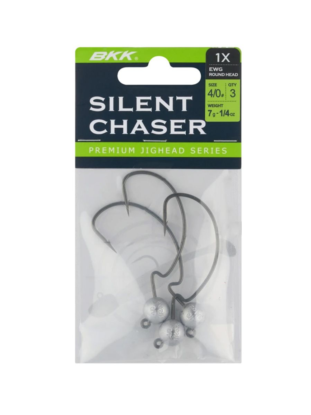 Джиг-головка для рыбалки BKK на офсетном крючке Silent Chaser - 1X - EWG Round Head, размер крючка 4/0, вес 7г, 3 шт.