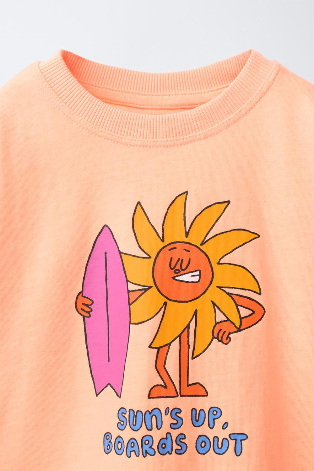 ZARA ФУТБОЛКА С ПРИНТОМ, НЕОНОВО-ОРАНЖЕВЫЙ