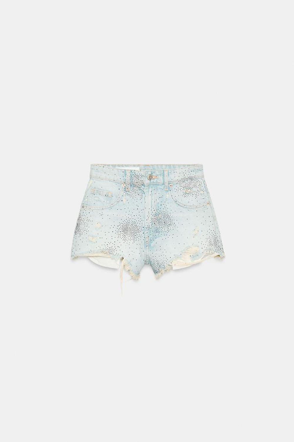 ZARA ДЖИНСОВЫЕ ШОРТЫ С ВЫСОКОЙ ПОСАДКОЙ, РАЗРЕЗАМИ И БЛЕСКОМ, ГОЛУБОЙ