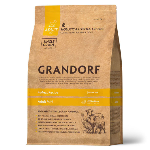Уценка! Повр.упак. / Сухой корм Grandorf DOG 4 Meat PROBIOTIC MINI для взрослых собак мелких пород, 4 мяса с пробиотиками