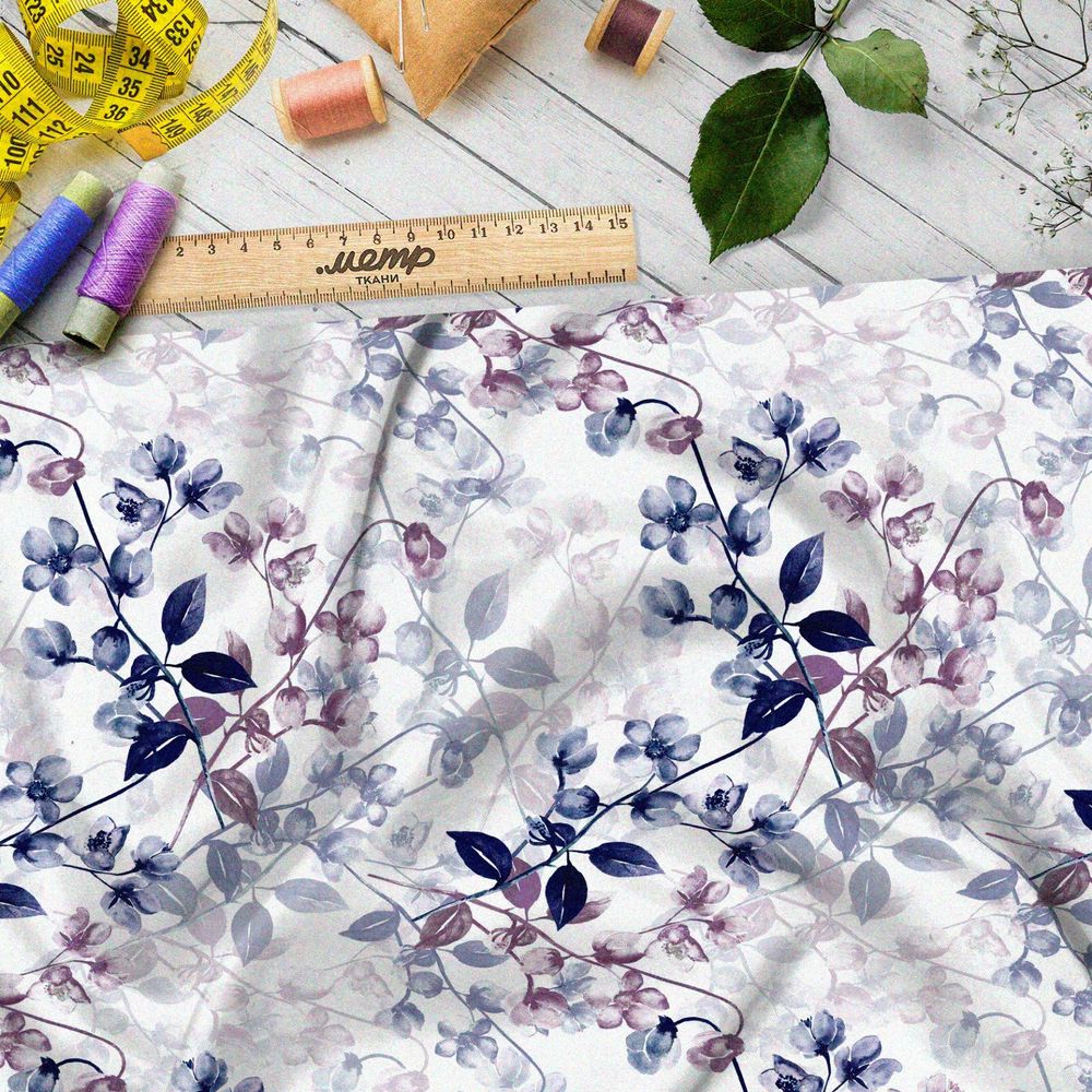 Ткань дюспо тёмно-лазурные и рубиновые ветви яблони