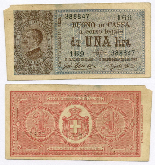 Банкнота Италия 1 лира 1914 год 169 388847. VF