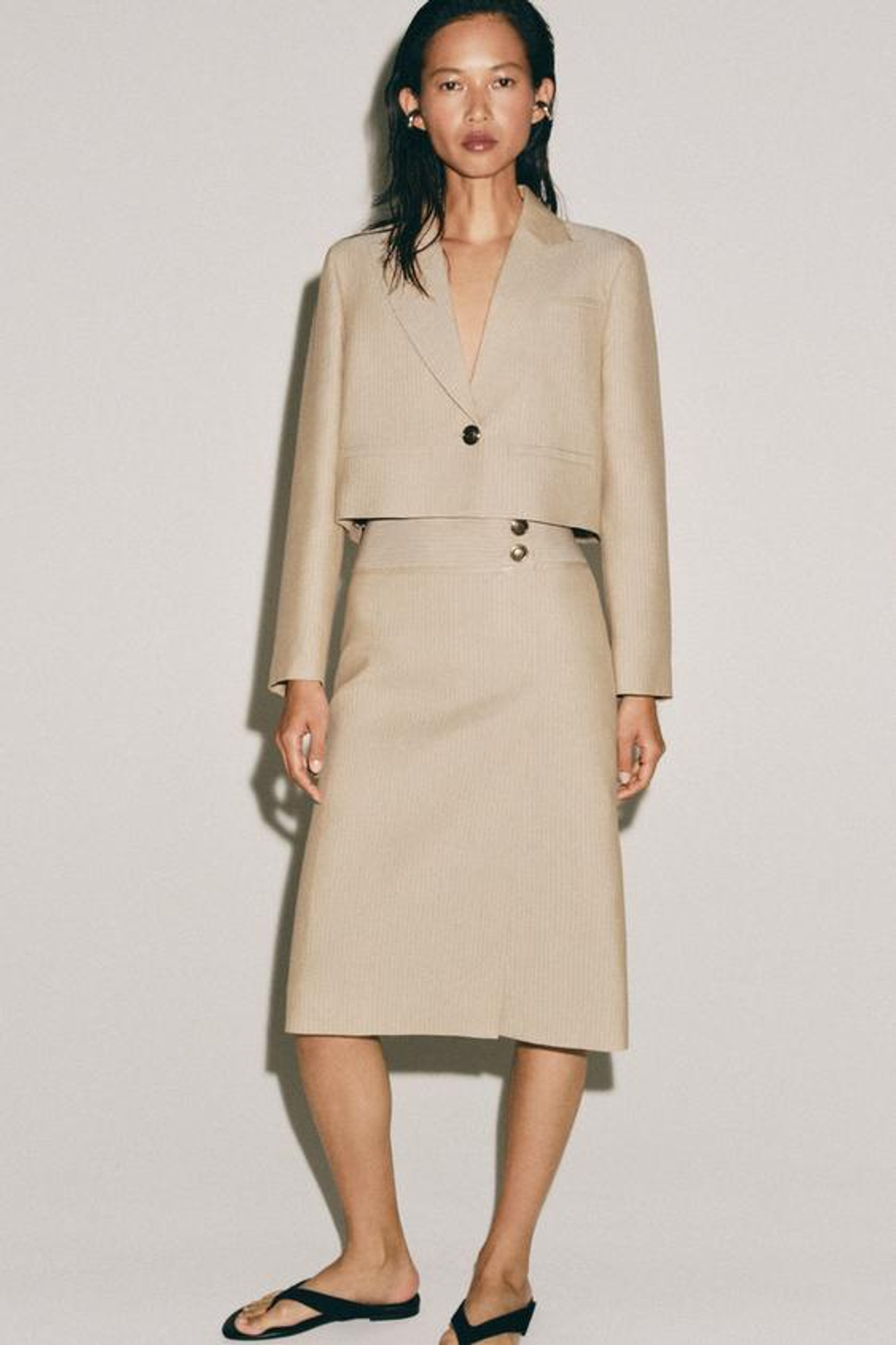 ZARA ЮБКА ПРЯМОГО КРОЯ В ПОЛОСКУ — ZW COLLECTION, БЕЖЕВЫЙ