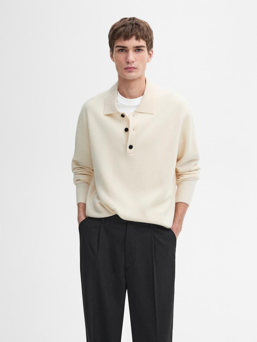 Massimo Dutti Свитер из 100% шерсти с воротником-поло, натуральный