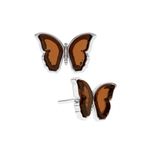 Серьги-пусеты мини бабочки с вишневым янтарем