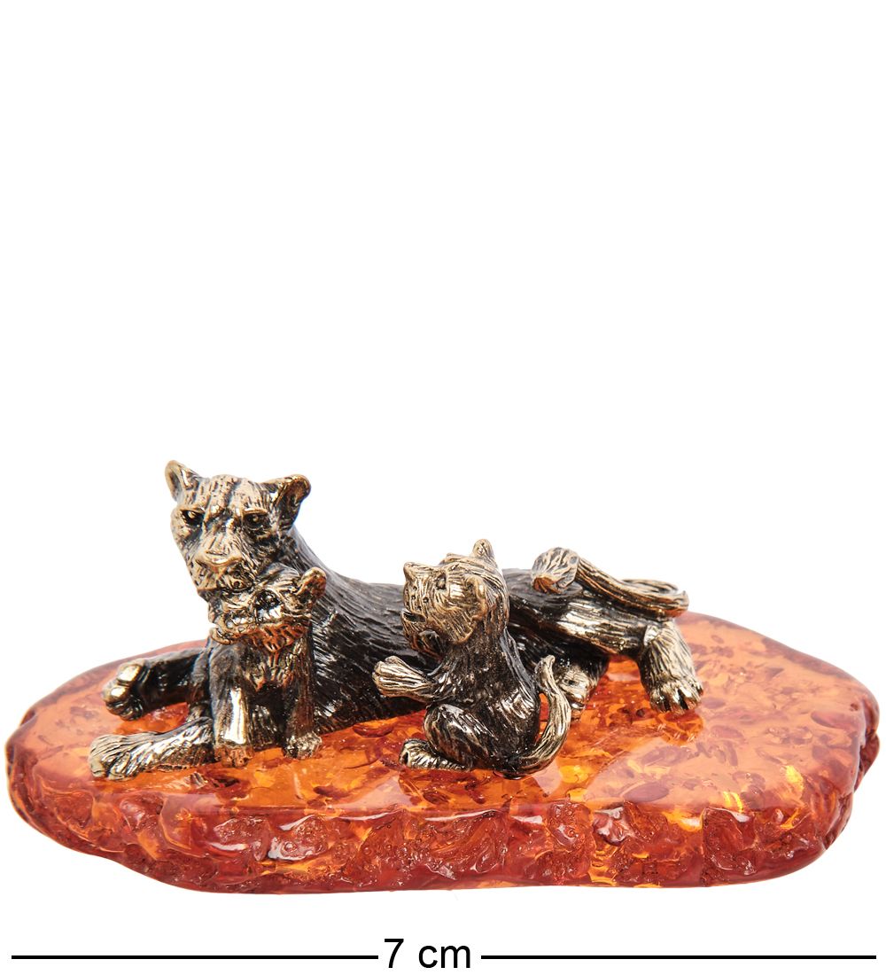 Народные промыслы AM-2255 Фигурка «Львица с малышами» (латунь, янтарь)