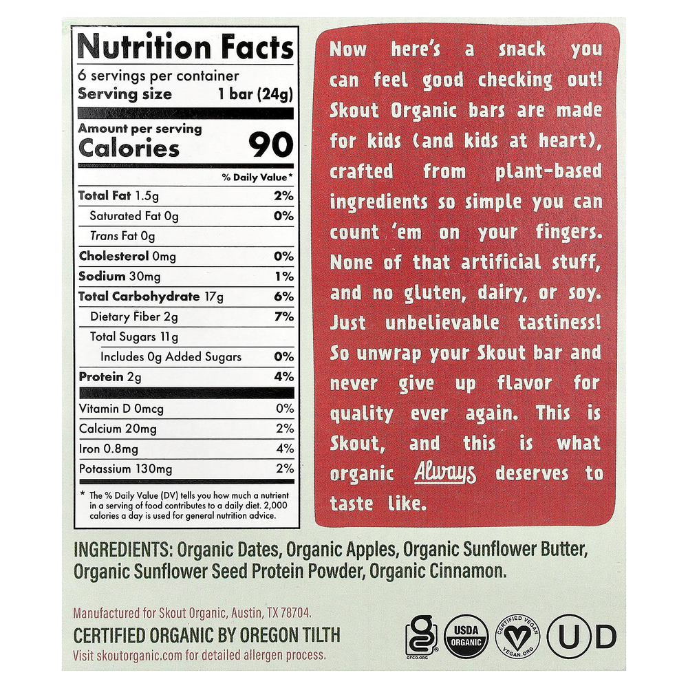 Skout Organic, детские батончики-снеки, со вкусом яблочного пирога, 6 батончиков по 24 г (0,85 унции)
