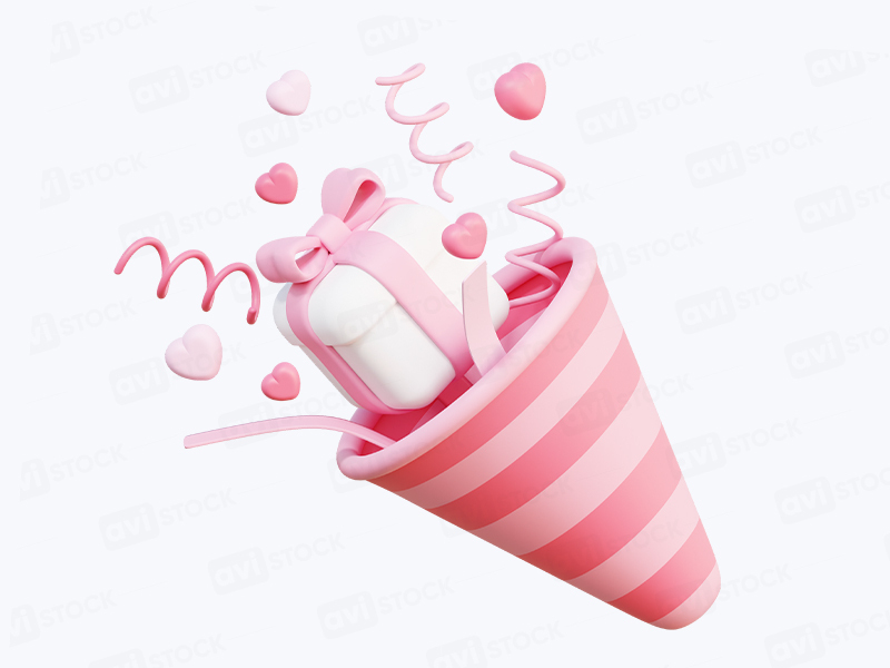 3D иллюстрация PNG: Подарок и сердечки в хлопушке на прозрачном фоне