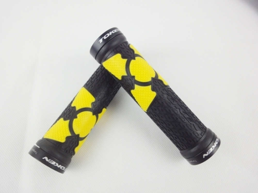 Грипсы МТВ TOKEN TK988 Yellow 130мм., с 2  алюм грипстопами , чёрные. Желтое "МТХ" лого