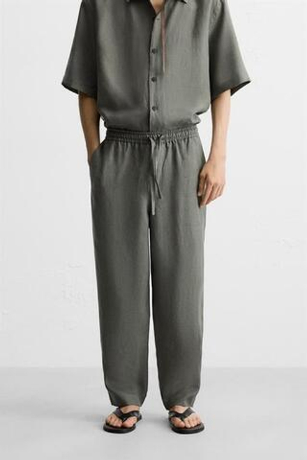 ZARA БРЮКИ ИЗ 100% ЛЬНА, ЗЕЛЕНОВАТО-СИНИЙ