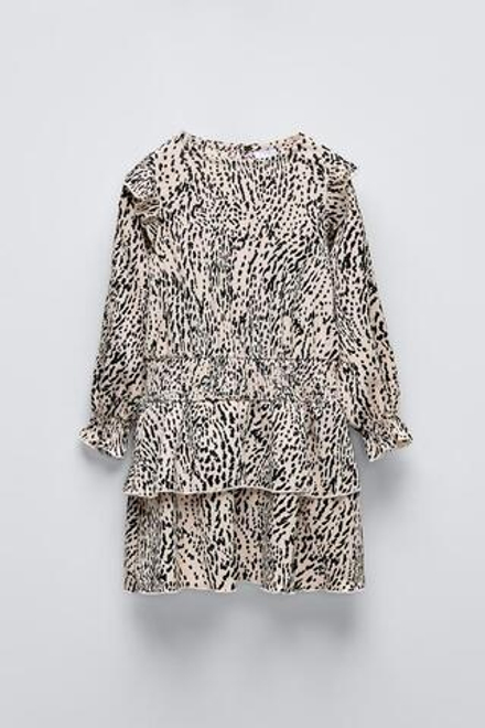 ZARA ПЛАТЬЕ ИЗ РЕЛЬЕФНОЙ ТКАНИ С ПРИНТОМ, ЭКРЮ