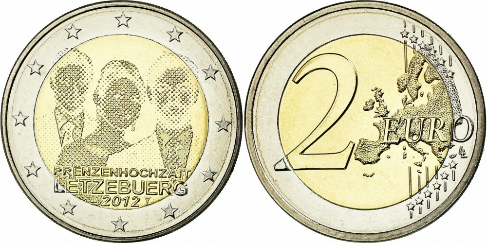 Люксембург 2 евро, 2012 Свадьба Великого герцога Гийома и бельгийской графини Стефании де Ланнуа aUNC