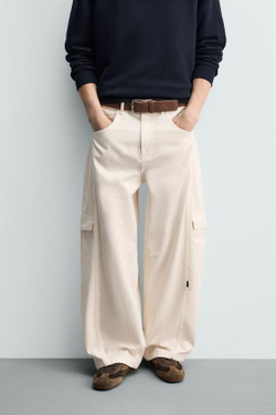 ZARA БРЮКИ КАРГО BAGGY FIT СО ШВАМИ, ЭКРЮ