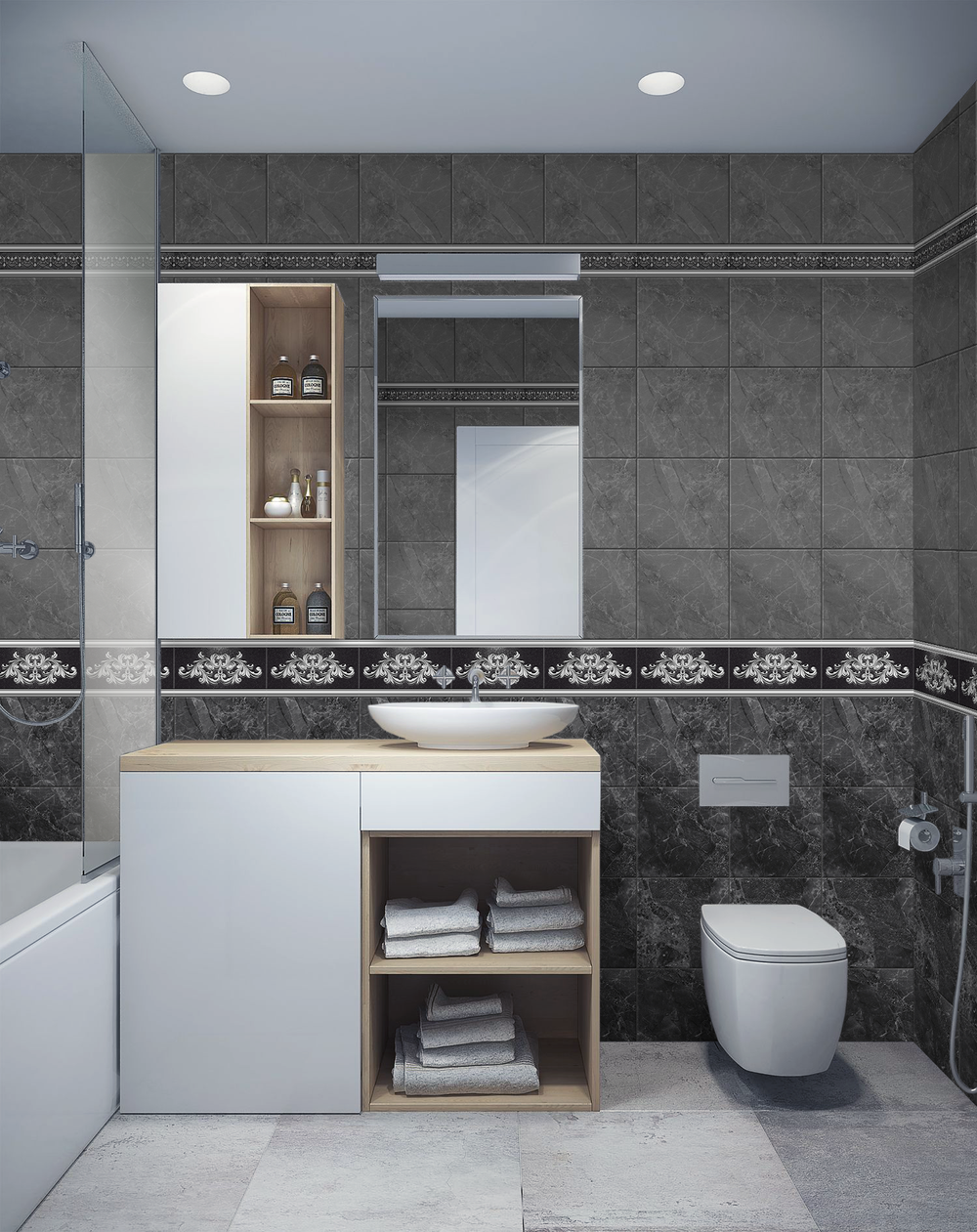 Панель ПВХ фотопечать с глиттером Вавилон черное серебро 2700х250мм