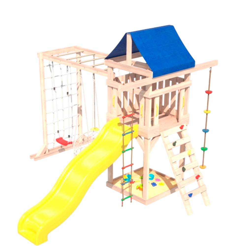 Детская площадка неокрашенная Fun Land с модулем сетка-рукоход, подвесным креслом и качелями