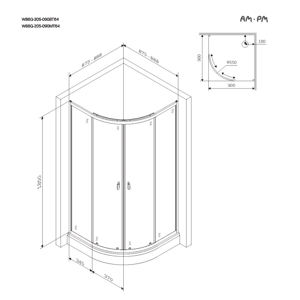 Душевое ограждение AM.PM X-Joy W88G-205-090MT64 Стекла прозрачные, профиль матовый хром