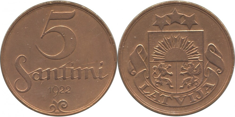 Латвия 5 сантимов, 1922 - 1923 Герб XF