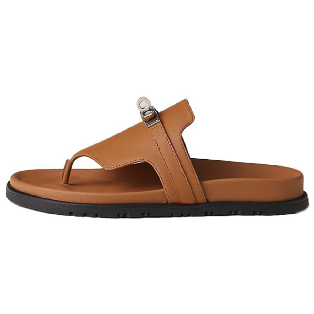 Hermes Empire leather open-toed flat-bottomed fashion sandals women's brown, H221074Z A3