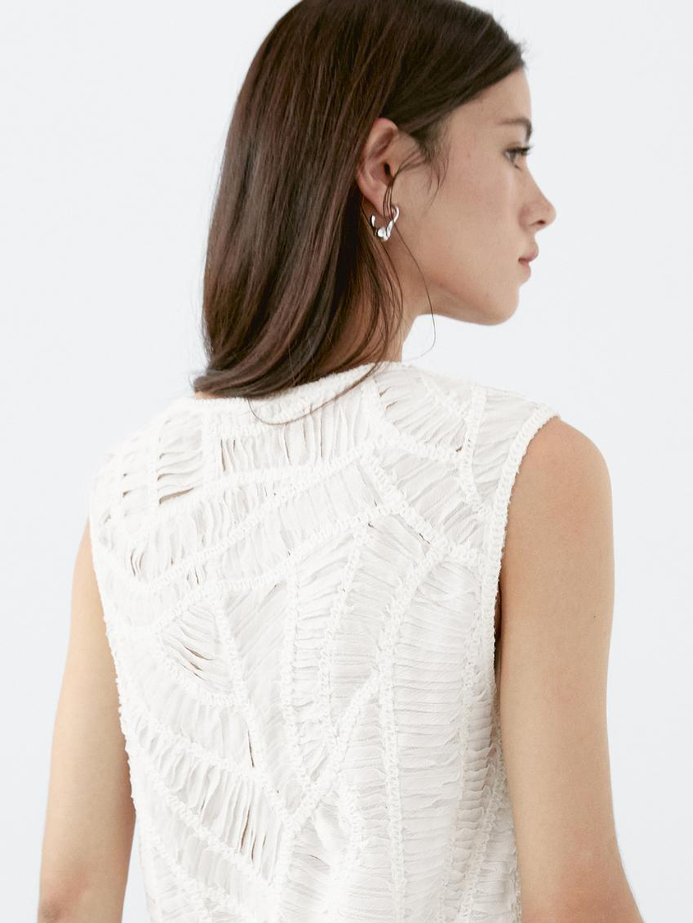 Massimo Dutti Топ из кружева кроше ажурной вязки с цветочным принтом, кремовый