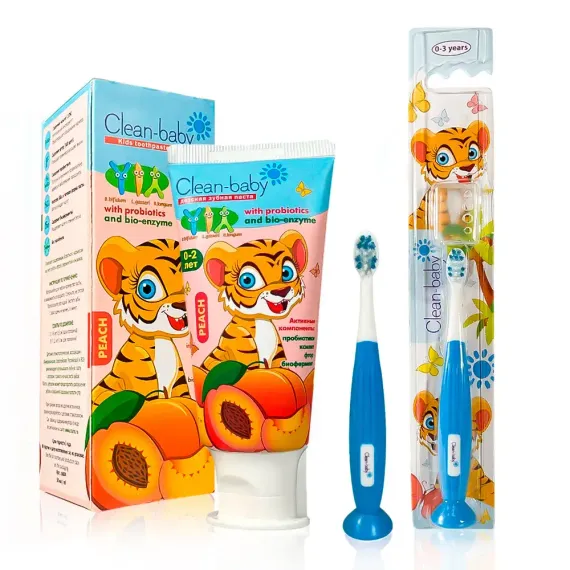 Детская зубная паста Clean-baby персик 0-2 года (50мл) + зубная щетка Clean-baby