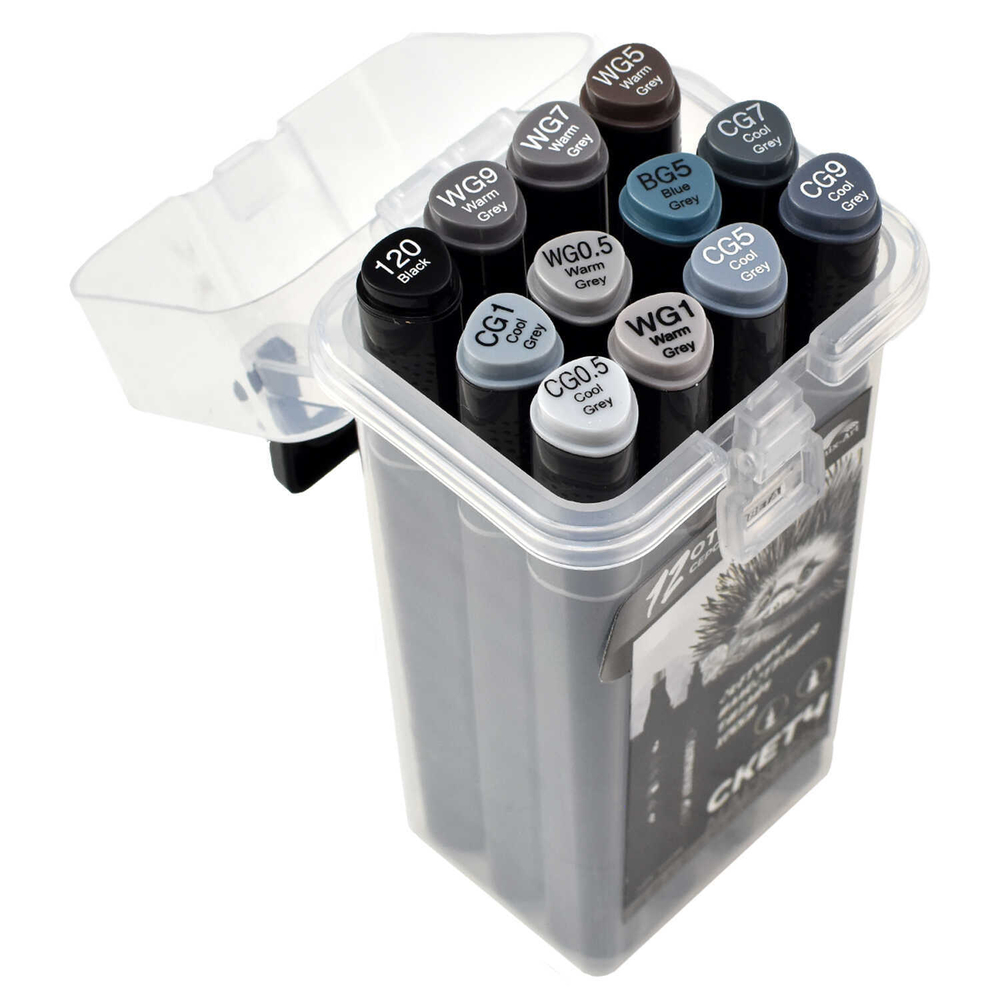 Набор скетчмаркеров двусторонних арт. 56636 / 2 ЕХИДНА (12 цв., размер бокса: 8х16,5х6,4 см, оттенки серого цвета, цвет корпуса: чёрный, материал: полипропилен, фетр (полиэстер), состав чернил: на спиртовой основе, толщина наконечников: "долото" - 6,