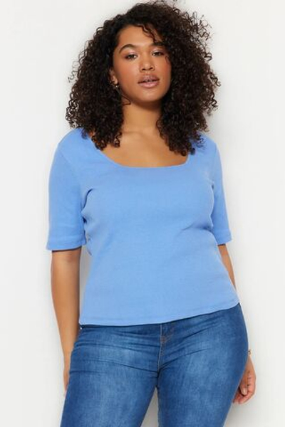 Сиреневый облегающий камзол с квадратным вырезом, вязаная Базовая футболка больших размеров TBBSS22BF0027