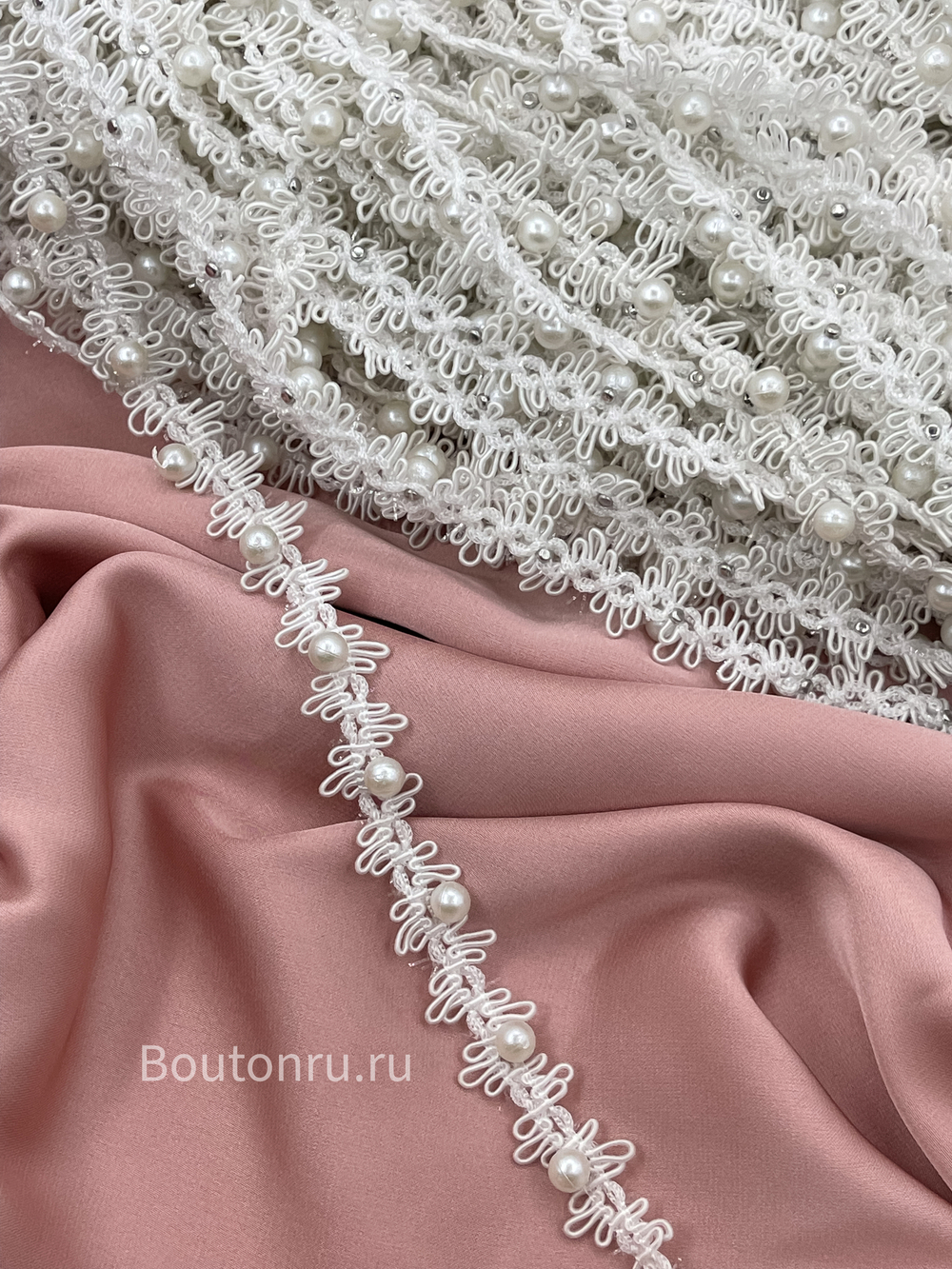 Тесьма ажурная белая с жемчугом