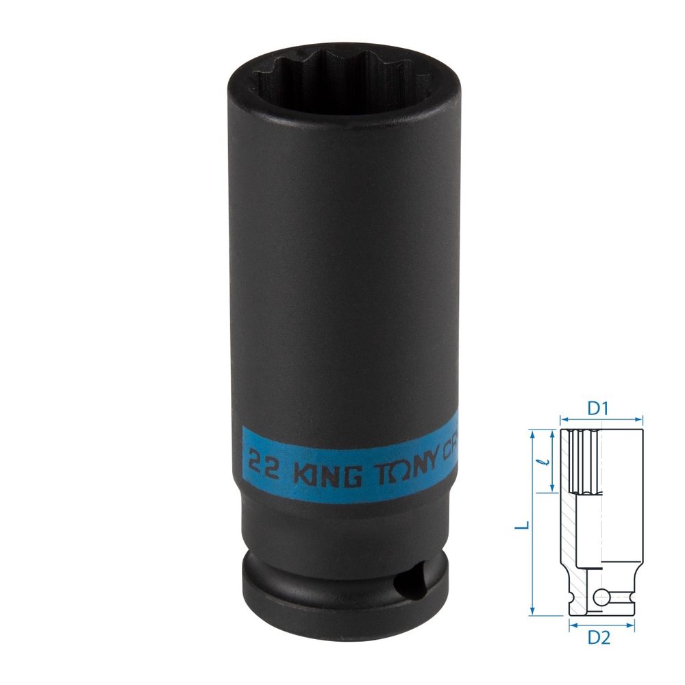 KING TONY (443022M) Головка торцевая ударная глубокая двенадцатигранная 1/2", 22 мм
