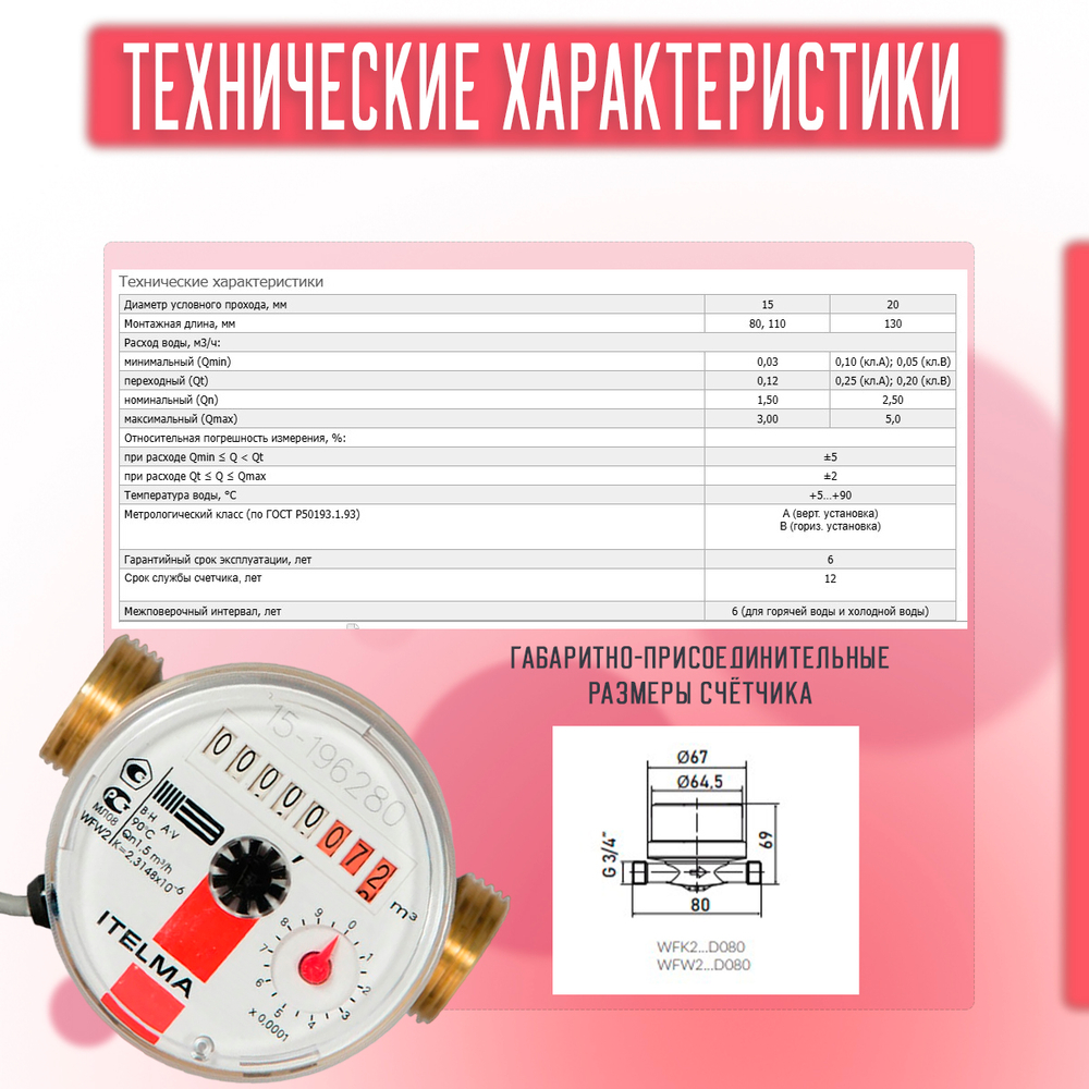 Счетчик горячей воды ITELMA (Ду15мм, L80мм, Qном1,5 м3/ч, импульсный выход ГЕРКОН)