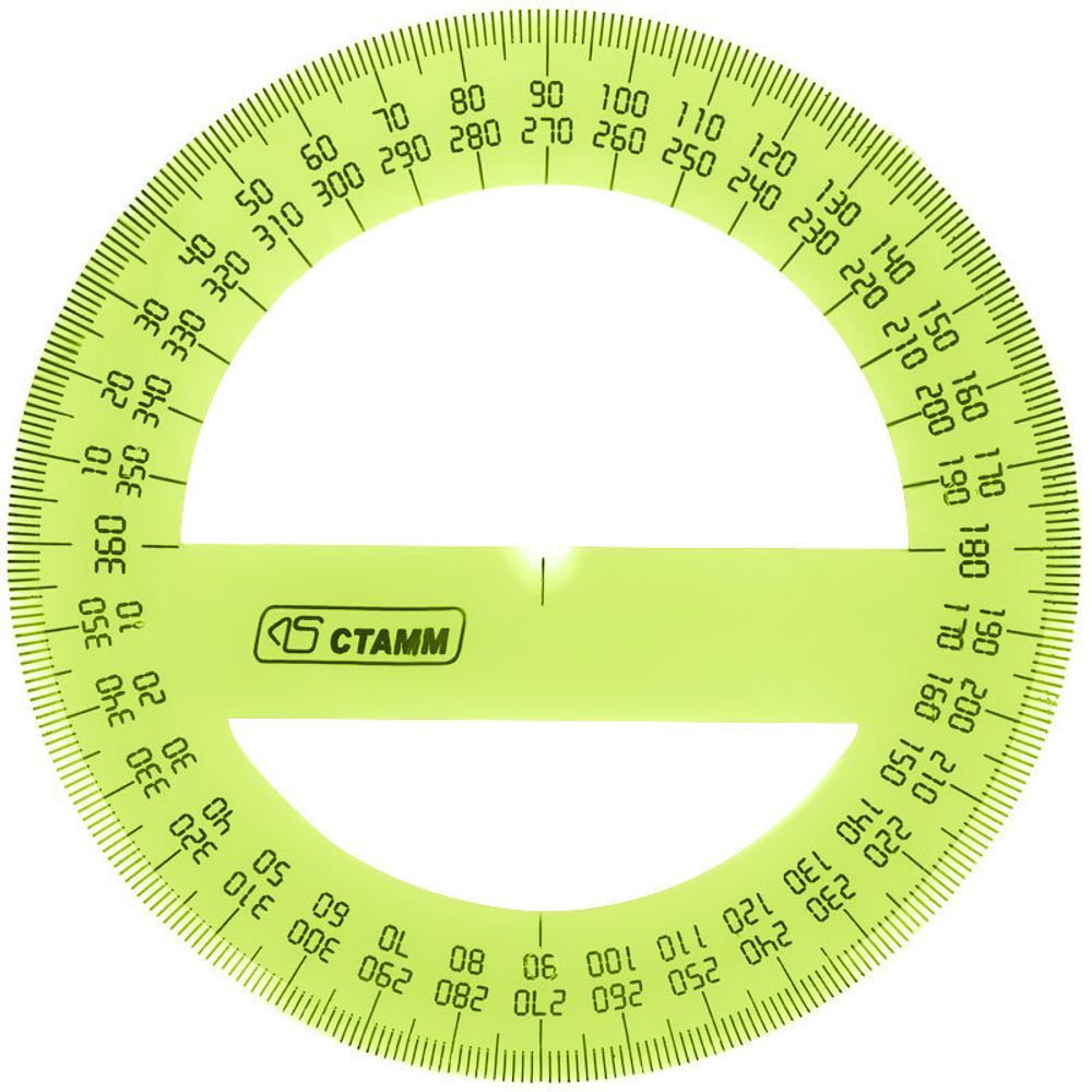 Транспортир пластиковый 10см, 360°, прозрачный, флуоресцентный 4цв, Стамм