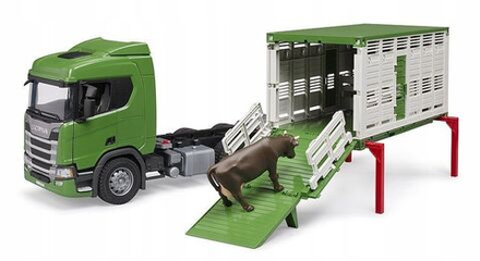 Игрушечный транспорт Bruder - Грузовик Scania Super 560R для перевозки животных с фигуркой коровы- Брудер 03548