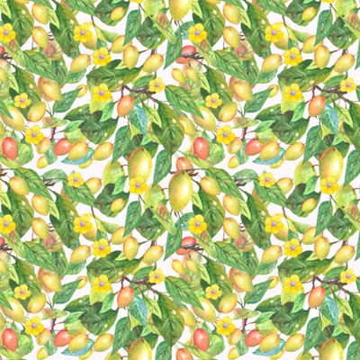 Seamless pattern yellow plum on a branch with flowers. Watercolor composition