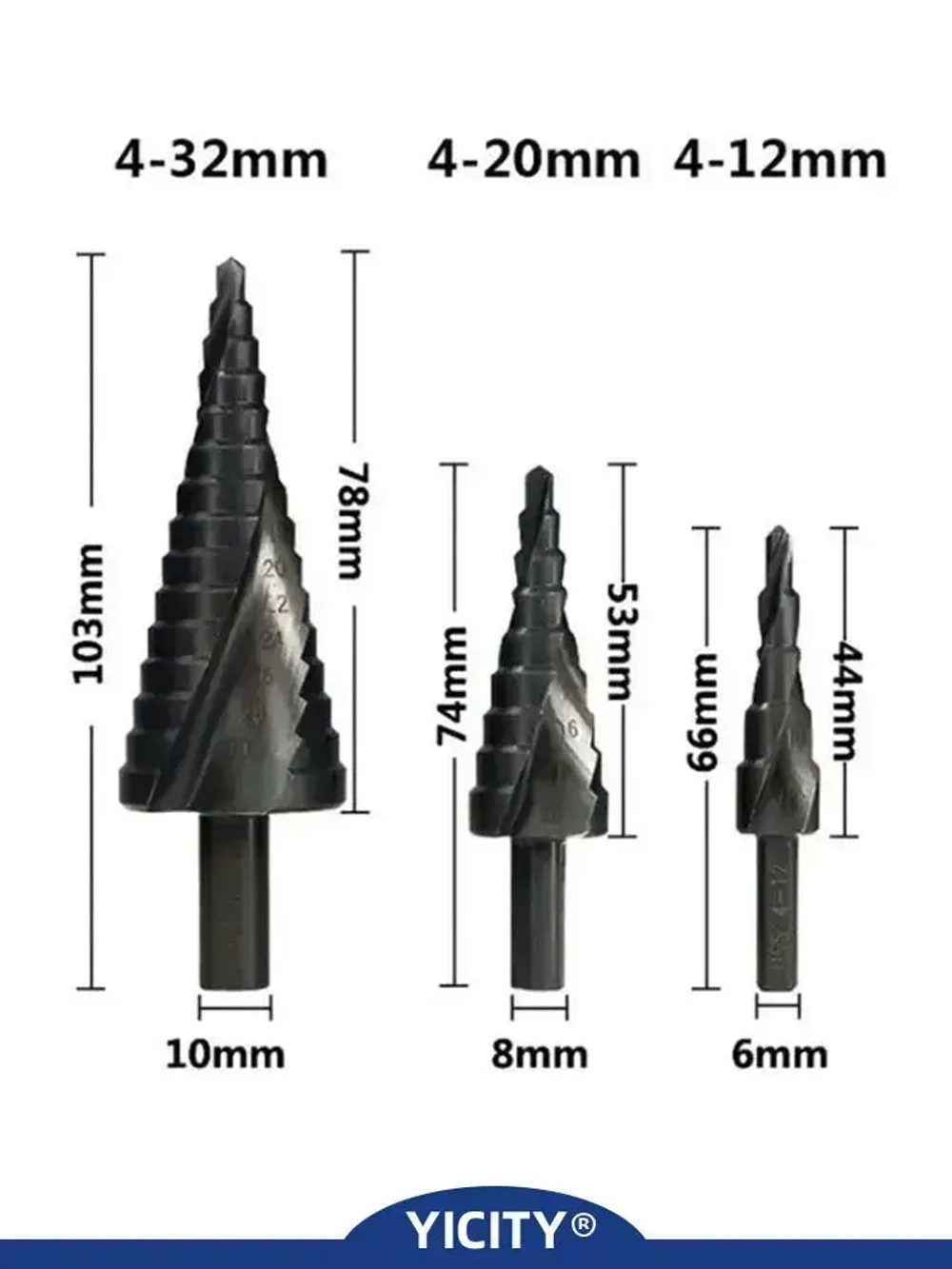 YICITY Сверло ступенчатое по металлу 3шт, с титановым покрытием, конусные