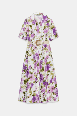 ZARA ПЛАТЬЕ МИДИ С ЦВЕТОЧНЫМ ПРИНТОМ И РЕМНЕМ, РАЗНОЦВЕТНЫЙ