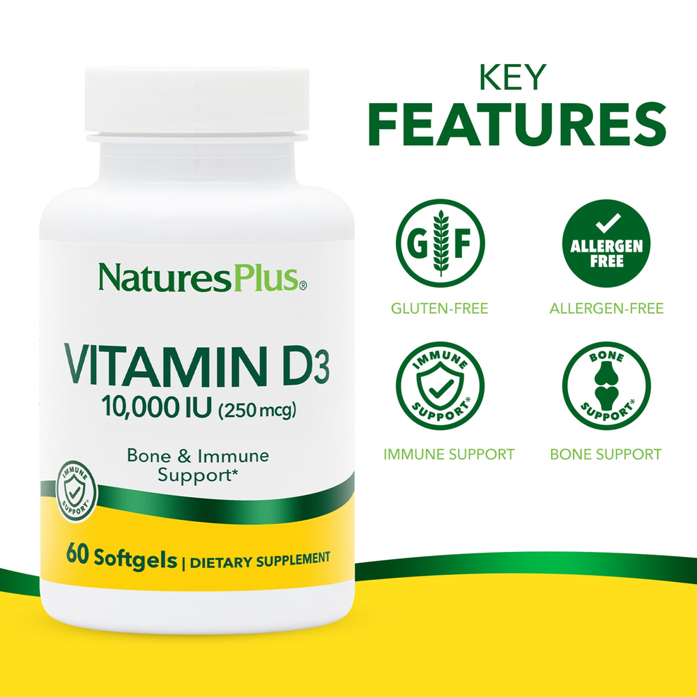 NaturesPlus, Витамин D3, 250 мкг (10 000 МЕ), 60 мягких таблеток