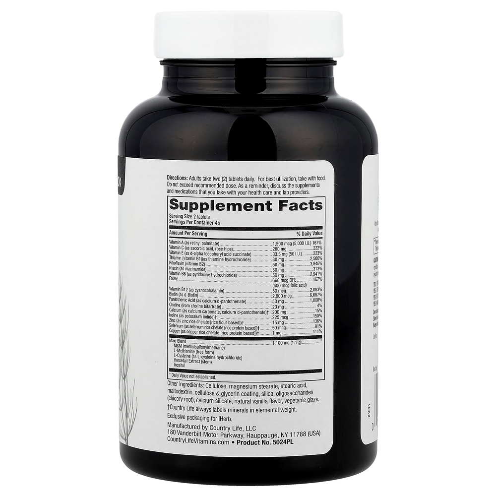 Country Life, Maxi-Hair®, добавка для волос, кожи и ногтей, без ПАБК, 90 таблеток