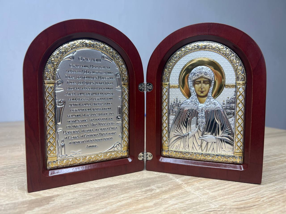 Складень, Матрона, Молитва, икона арочная, красное дерево 140x200